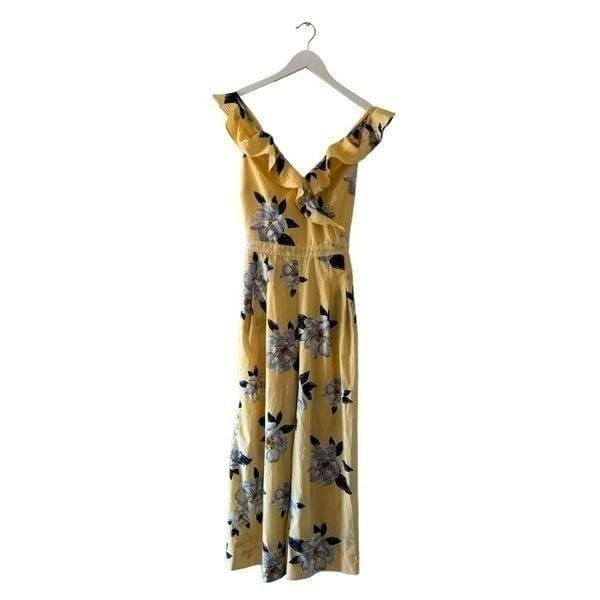 J by JOA Jumpsuit Women Yellow Blue Floral Bohemian Y2K Wide Leg Zipper Ruffles