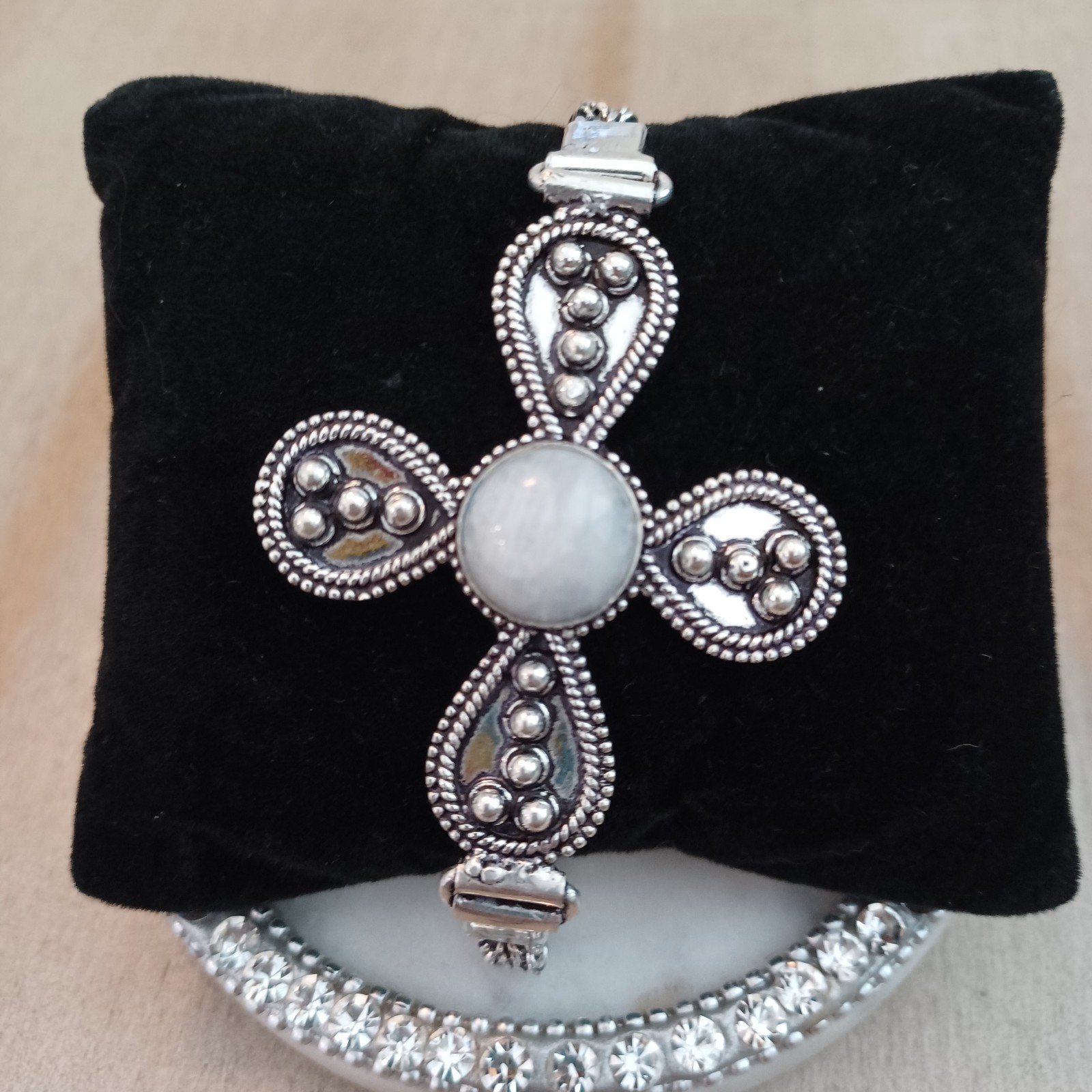 Rainbow Moonstone Silver Cross Adjustable Bracelet