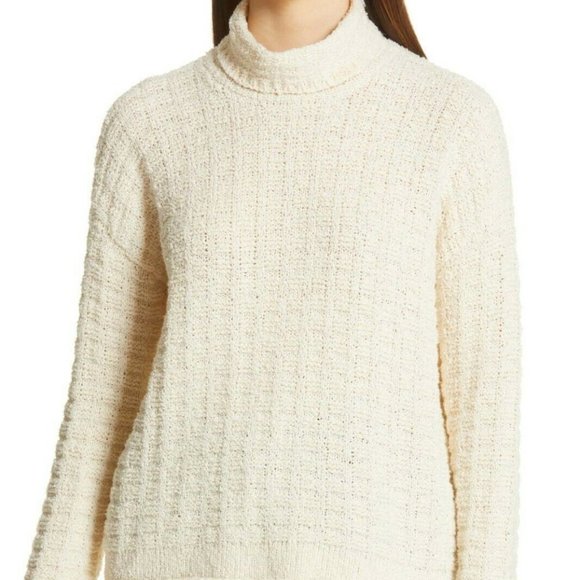 Eileen Fisher Off White Peruvian Organic Cotton Funnel Neck Sweater