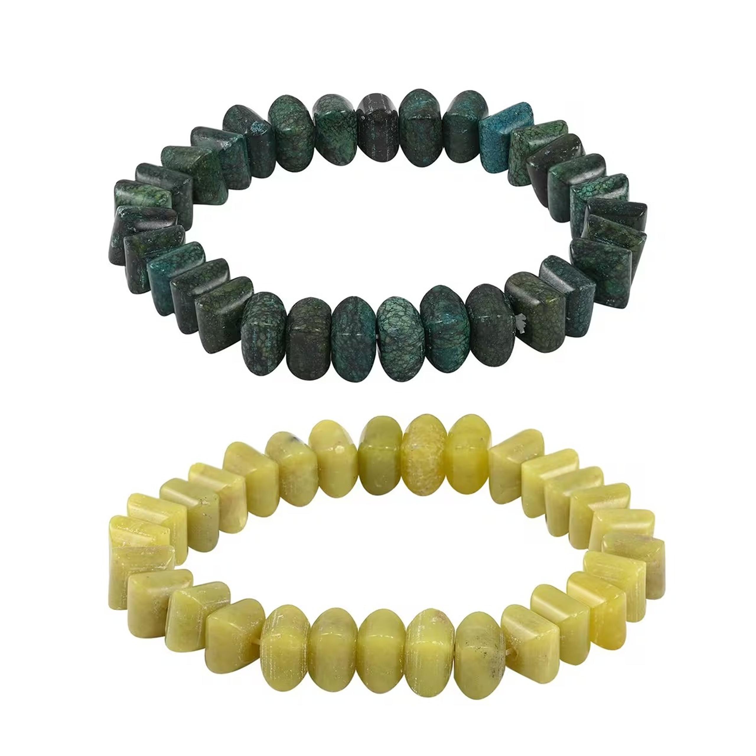Set of 2 Chrysocolla Color Jasper and Olive Jade Pumpkin Beaded Stretch E652