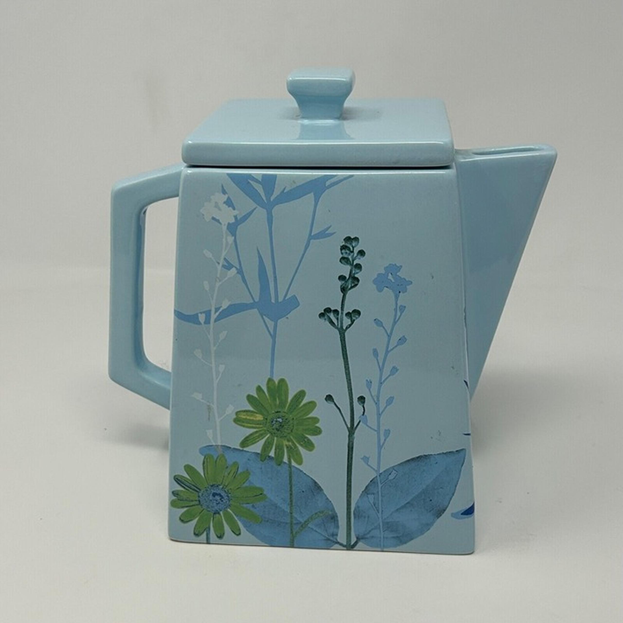 Burton & Burton Serenity Garden 2005 Blue Square Teapot  6" Tall