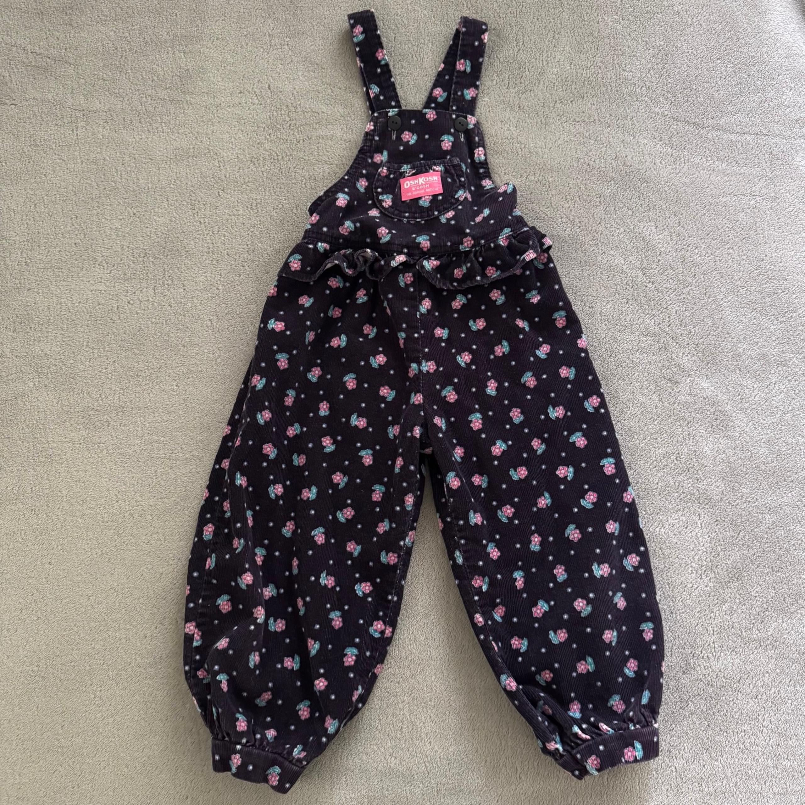 Vintage OshKosh Dark Purple Pink Floral Ruffle Corduroy Overalls Size 4T