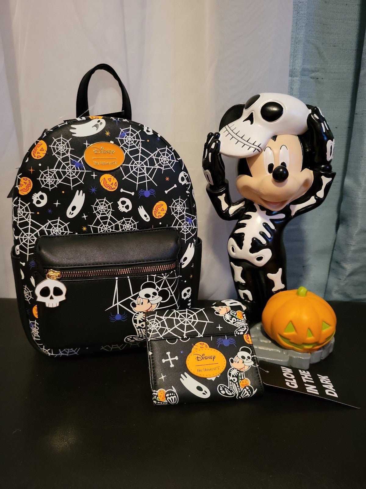 Halloween Disney Mickey Mouse Skeleton statue and Mini Backpack & Wallet Set