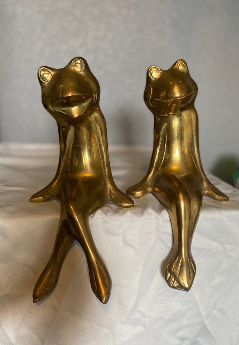 Mid Century Large Gold Solid Brass Sitting Frog Couples Model Figurines - a Pair