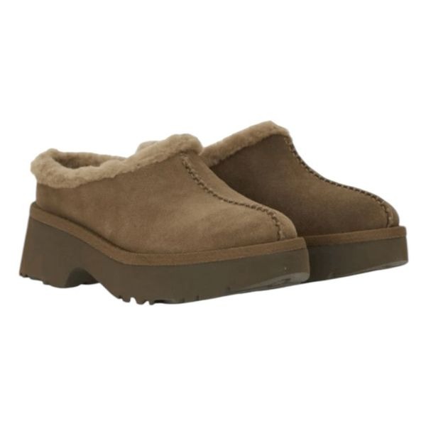 UGG New Heights Cozy Clog Hickory Brown Suede Sherpa Platform Chunky Heel 11