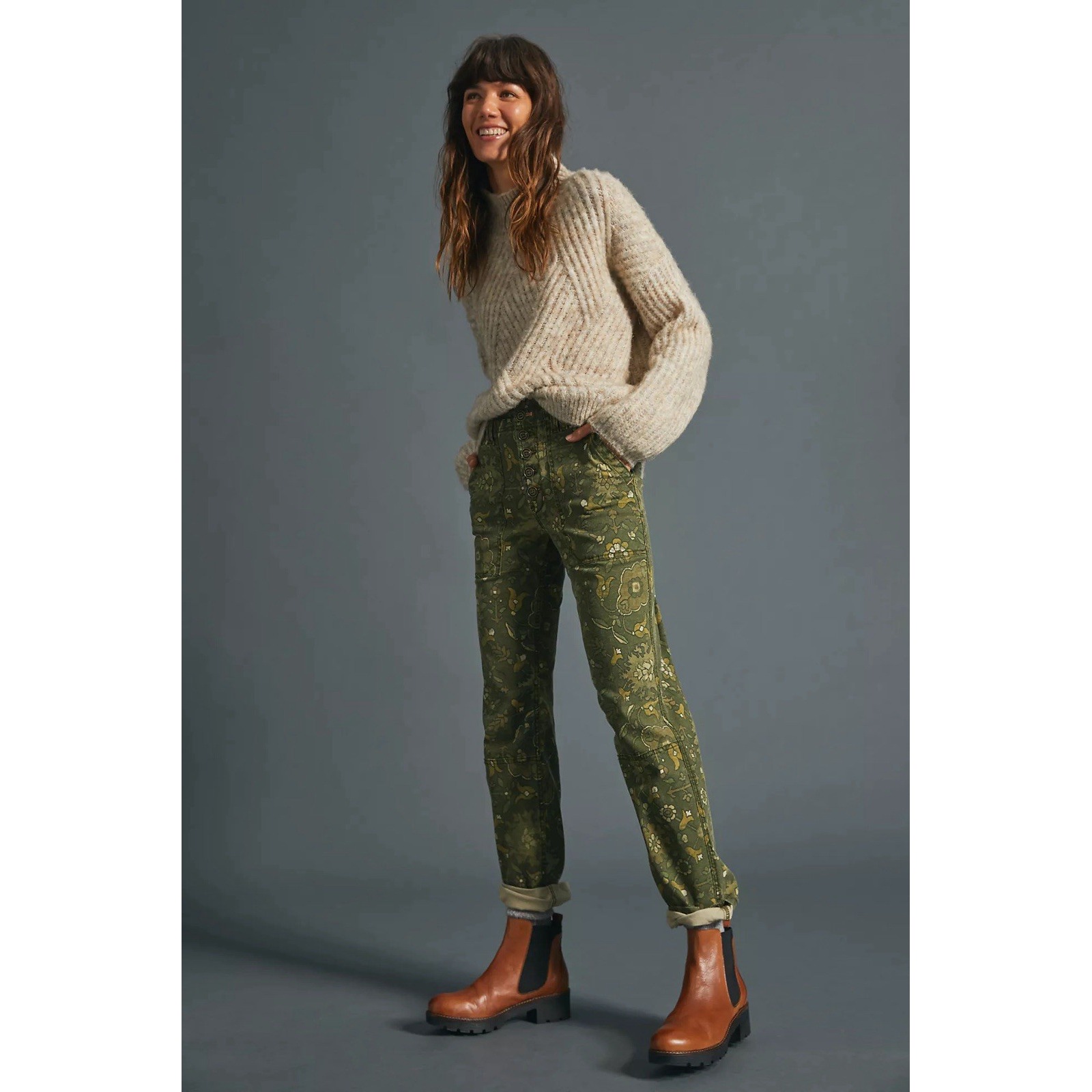 Anthropologie Pant Womens 28 Green Floral Wanderer Exposed Button Fly Mid Rise