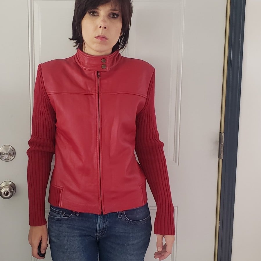 Y2K Red Leather and Knit Sweater Jacket
