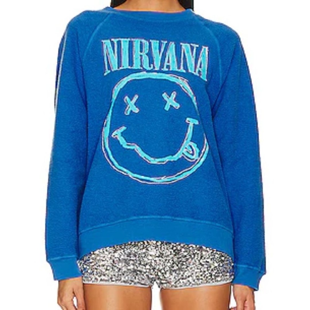 Daydreamer Nirvana Smiley Reverse Raglan Crew in Washed Cobalt NWOT Size Medium