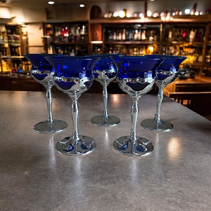 VTG Farber Bros Art Deco Cobalt Blue Wine Glass Set Of 5 Chrome Stems Cocktail