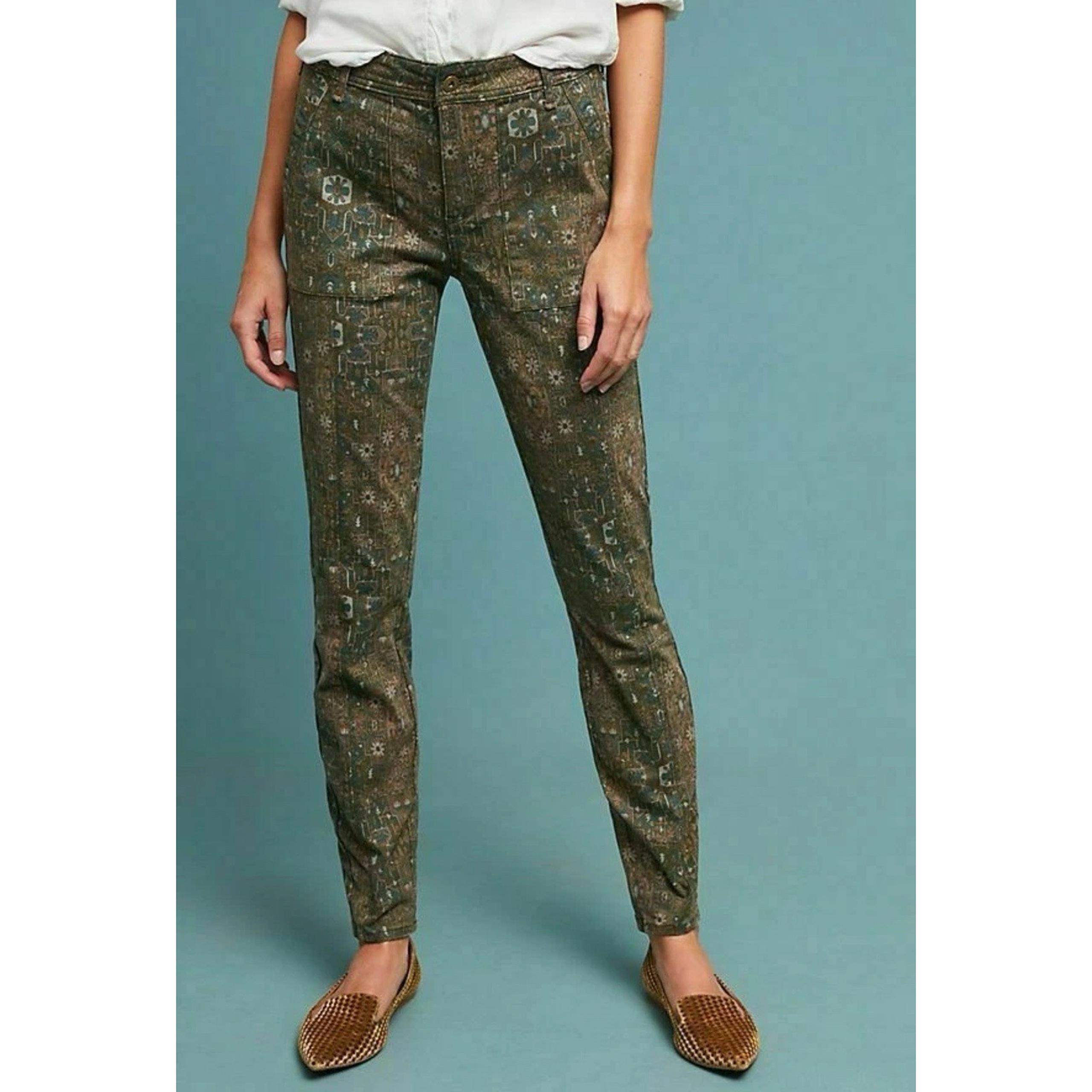 Anthrpologie Pants Womens 31 Green CADET UTILITY Aztec Geometric Western Stretch