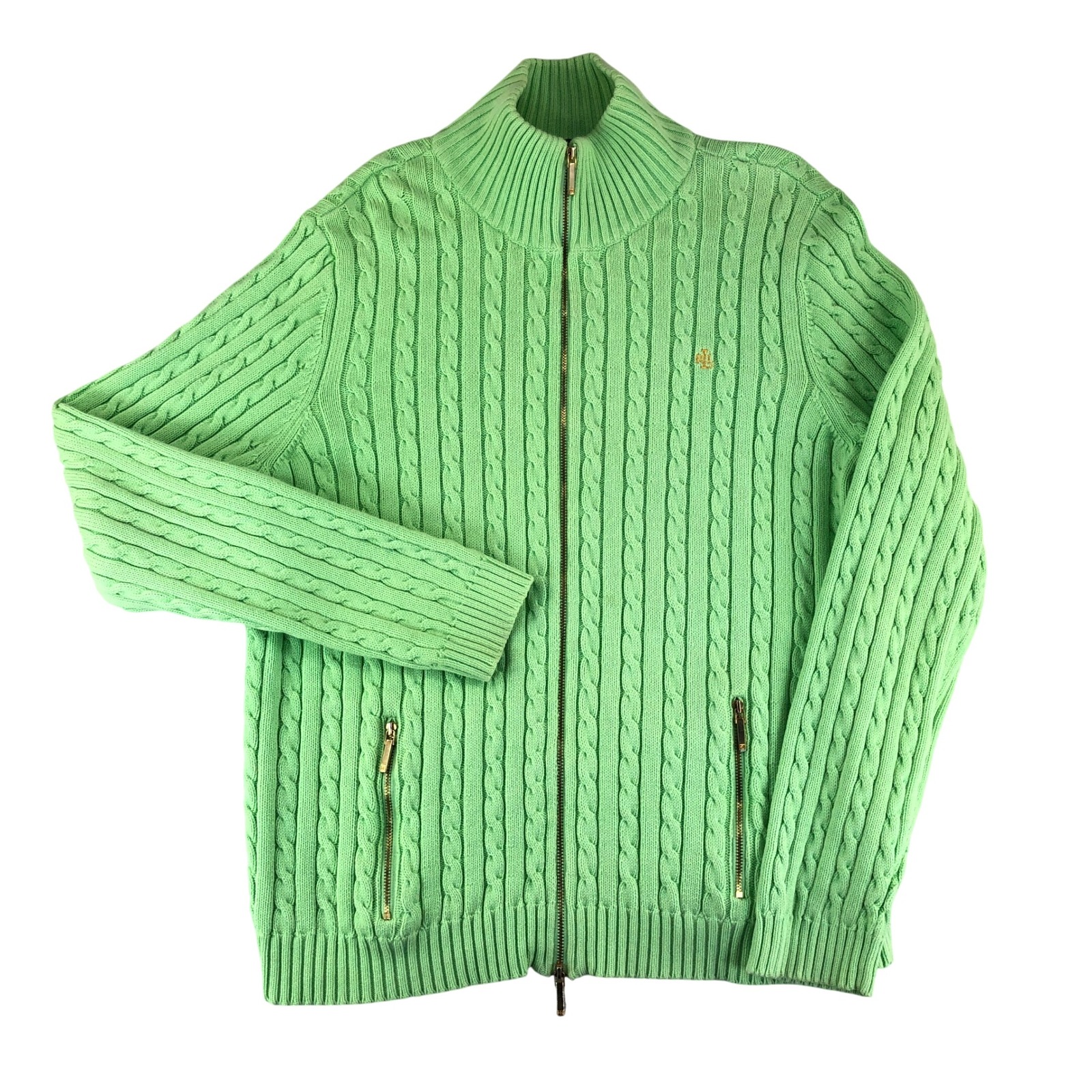 Lauren Ralph Lauren Cable Knit Cardigan Womens XL Cotton Green Full Zip Monogram