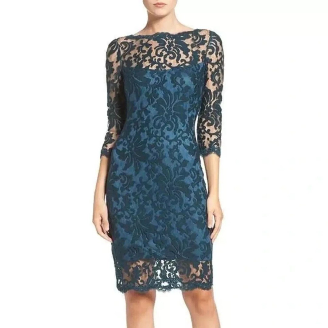 Tadashi Shoji Embroidered Lace Knee-Length Evening Sheath Dress Size 2 Teal