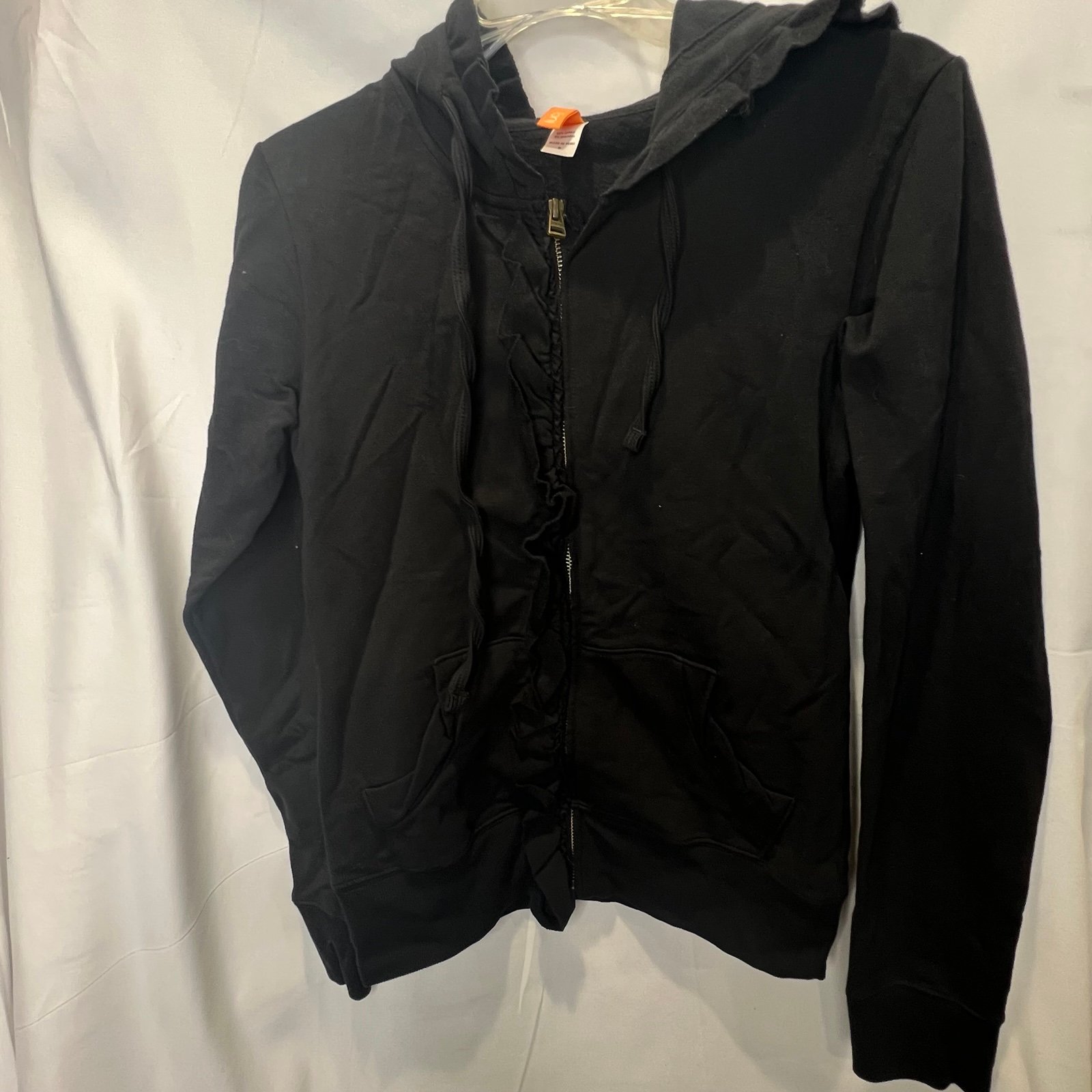 Lucy Womens Ruffled Full zip up Hoodie Sweater Black Size Small