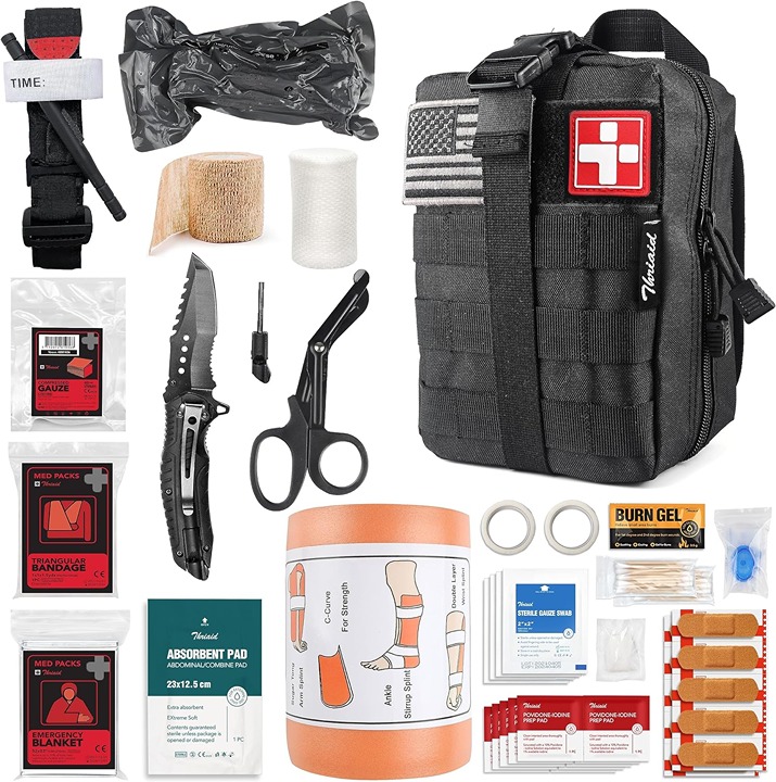 Emergency Survival First Aid Kit with Tourniquet, 6 Israeli Bandage, Splint,