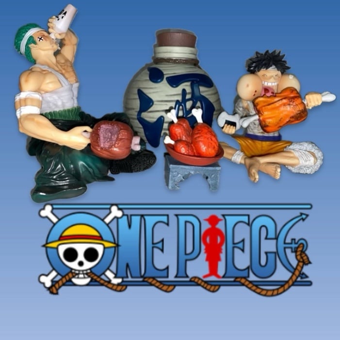 Luffy + Zoro eating meat & drinking bundle of 2 one piece figures + bottle
