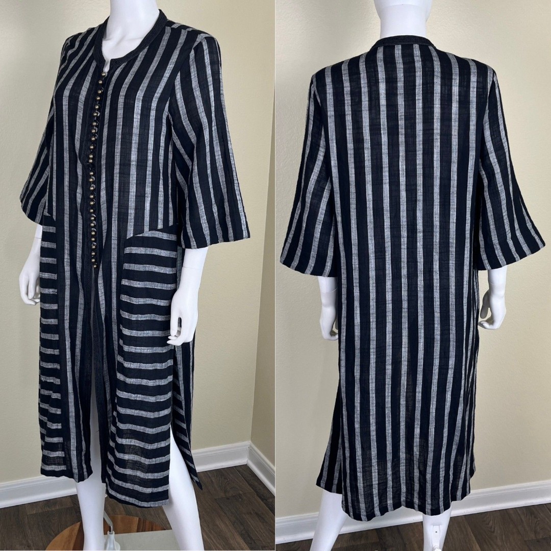 Soft Surroundings Women's Size M Black Strip Cotton Embroidered Tunic Kimono Top