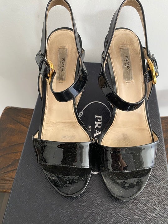 Prada Black Patent Leather Heeled Sandals Sz 36.5/6