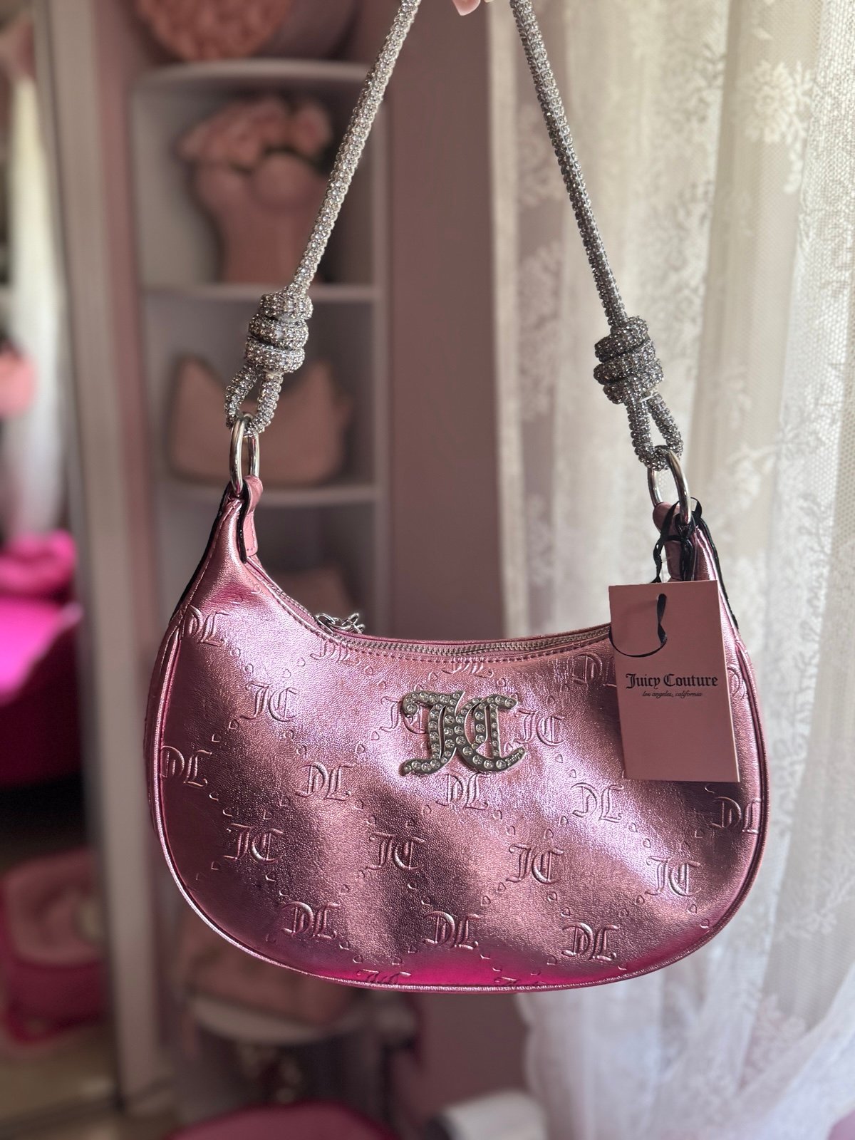 Juicy Couture NWT Pink Metallic Hobo Purse with Bling Strap Handbag