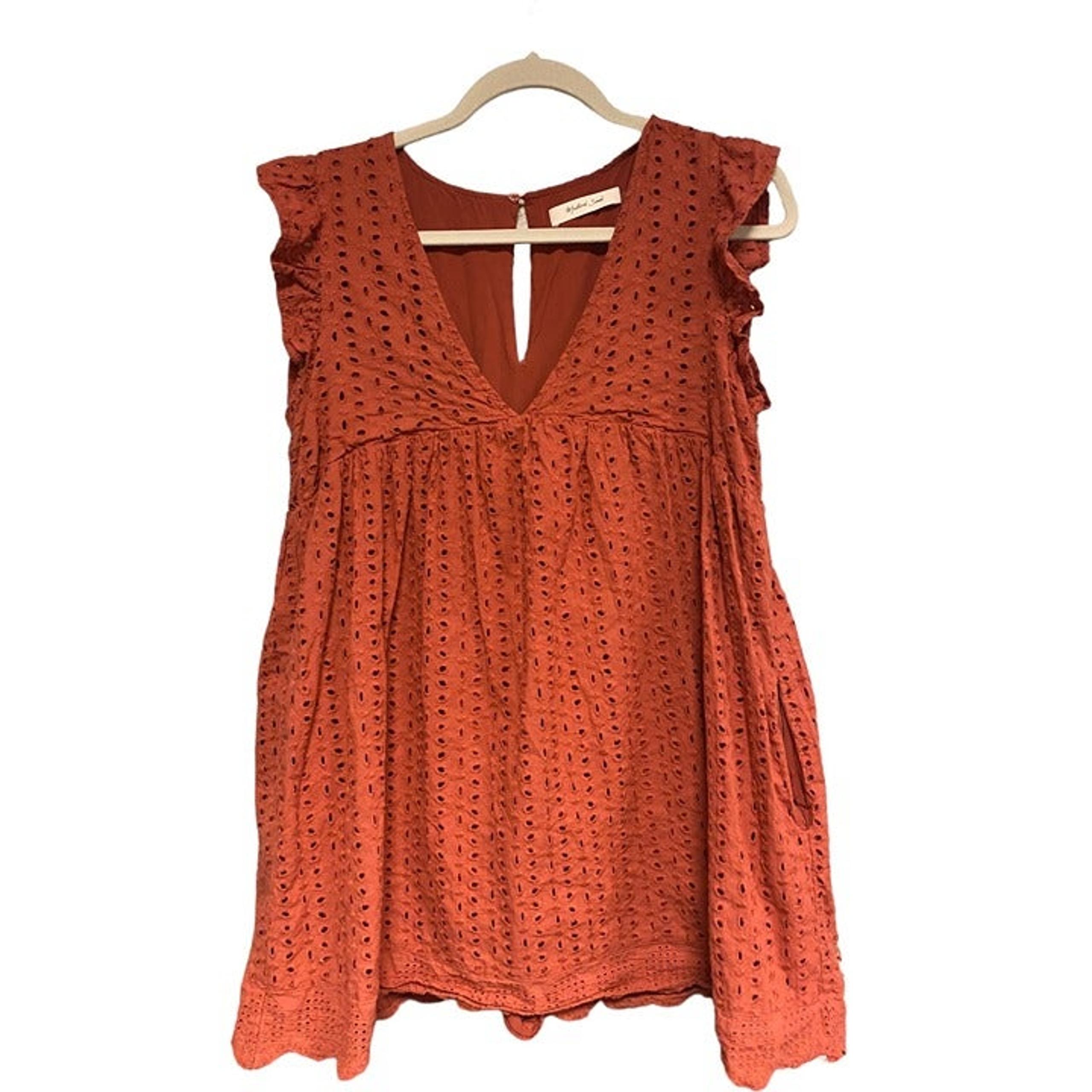 Mustard Seed Women's Eyelet Romper w/ Shorts & Pockets V-Neck Large Orange EUC