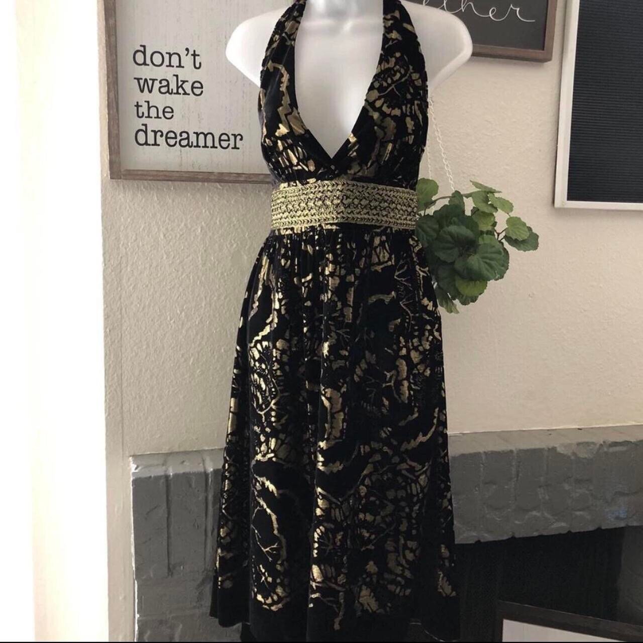Cynthia Steffe Gold Black Whimsygoth Vintage Cocktail Formal Midi Halter Dress