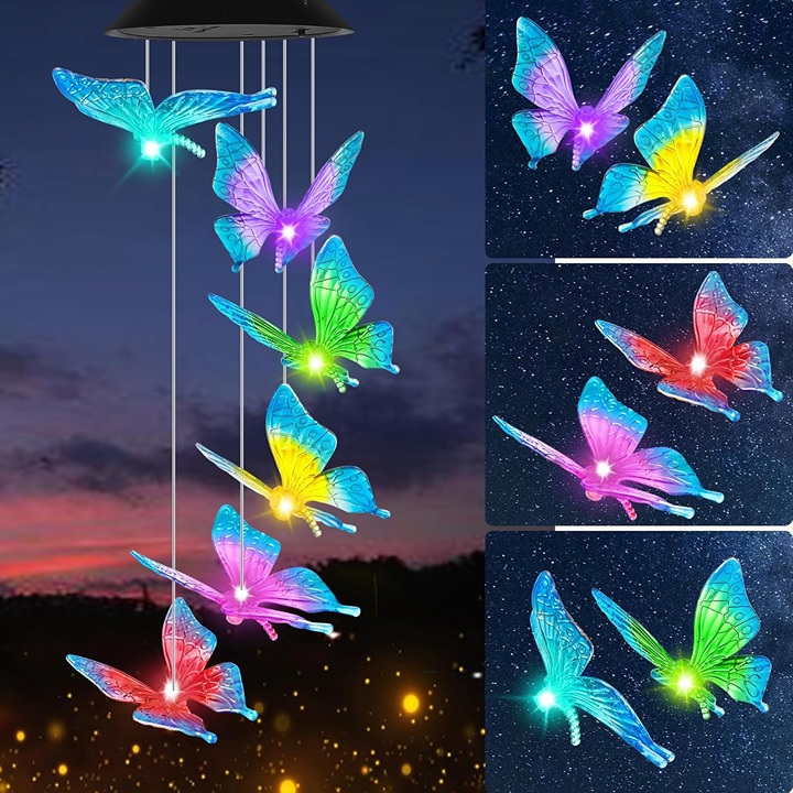 Blue Butterfly Solar Wind Chimes Color Changing Gifts for Women