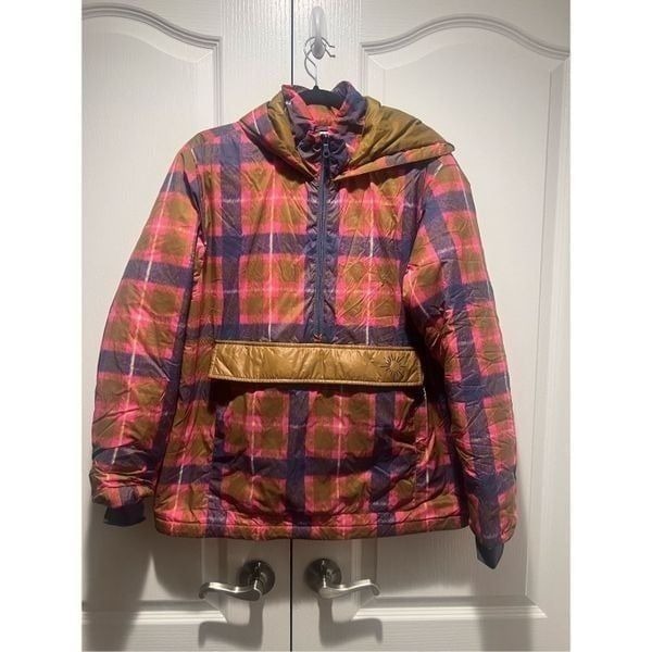 Offline Aerie Puffer Pullover Jacket Pink Blue Plaid Print Hooded Half Zip size