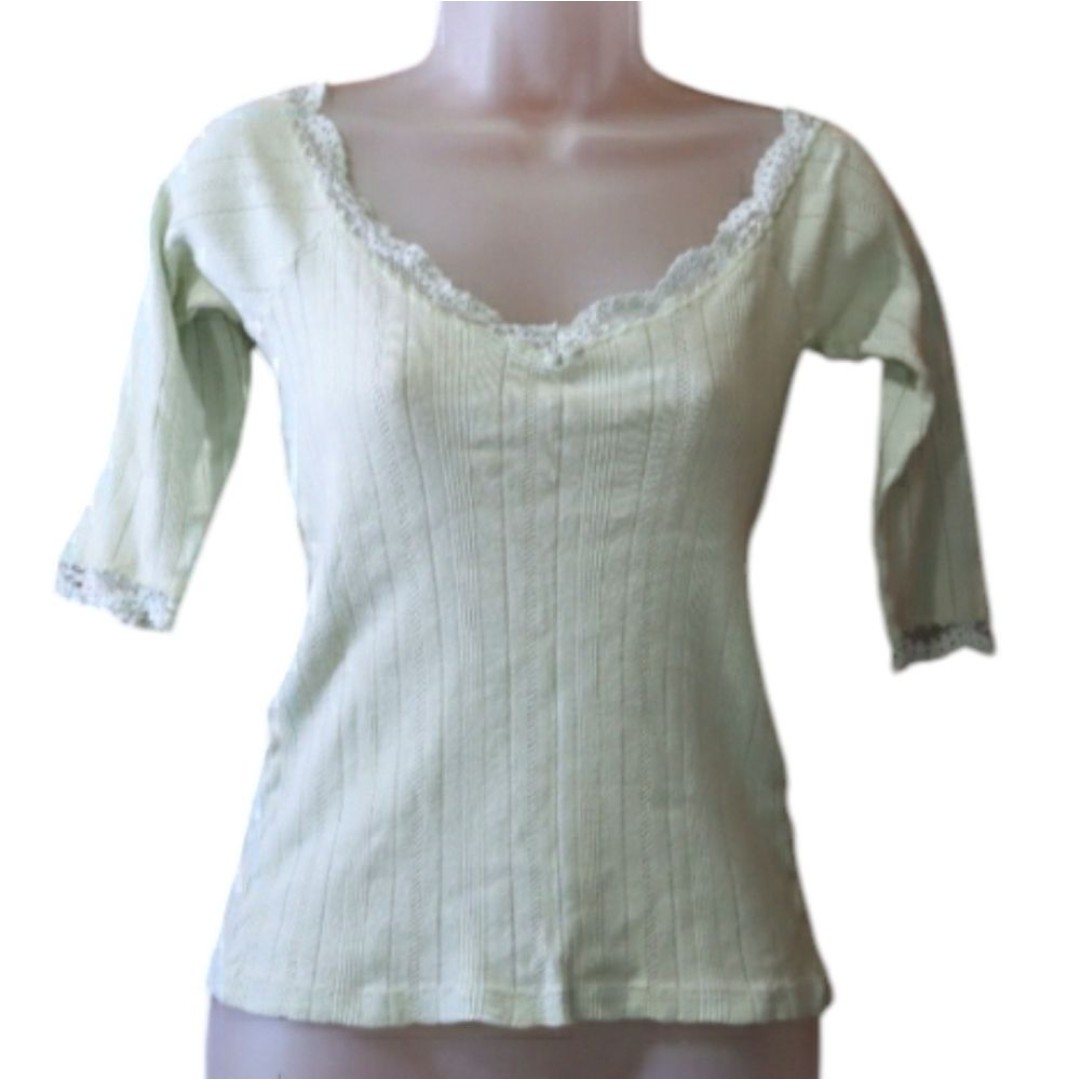 Mimi & Coco Y2K Lace Light Green Pastel 3/4 Sleeve Off Shoulder Top Medium
