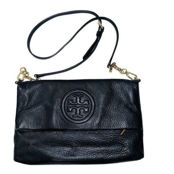 Tory Burch Bombe Foldover Clutch Convertible Crossbody Soft Black Pebbled Leathe
