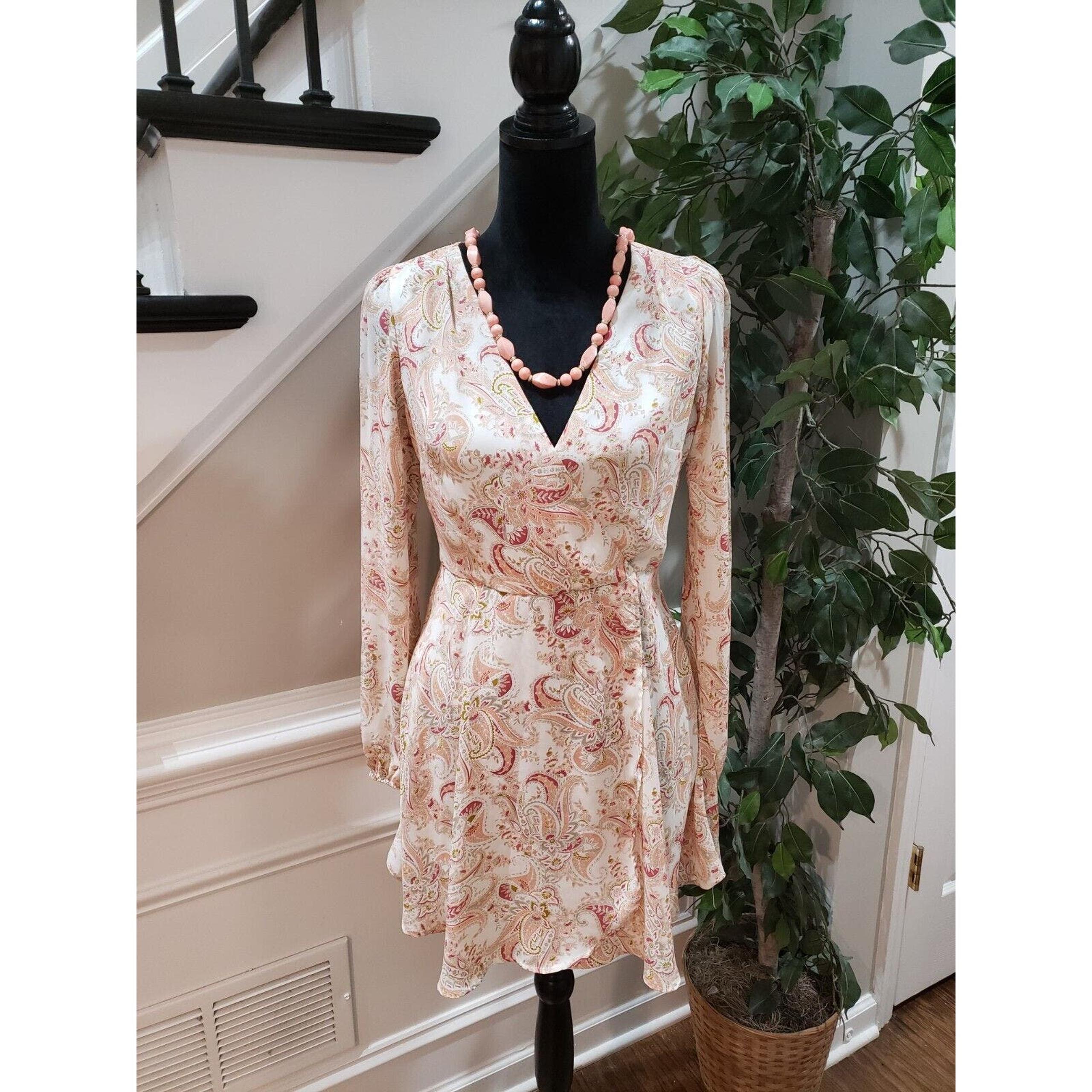 FOREVER 21 Womens Beige Paisley Polyester V-Neck Long Sleeve Knee Length Dress M