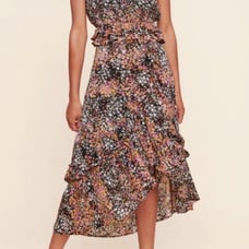 SUGAR + LIPS | Black Multicolor Floral Blair Ruffle Midi Skirt size 1X {NEW}
