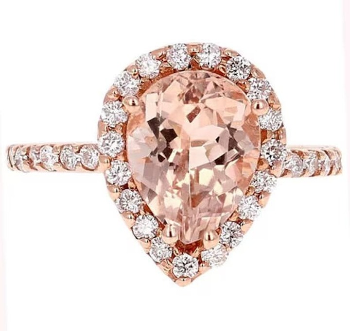 3.80Ct Natural Pear Peach Morganite & Diamond Halo Solitaire Ring 14k Rose Gold