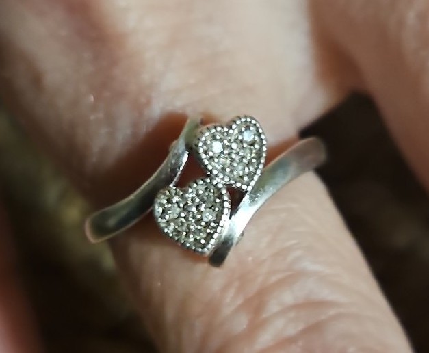 Double heart diamond cluster sterling silver ring