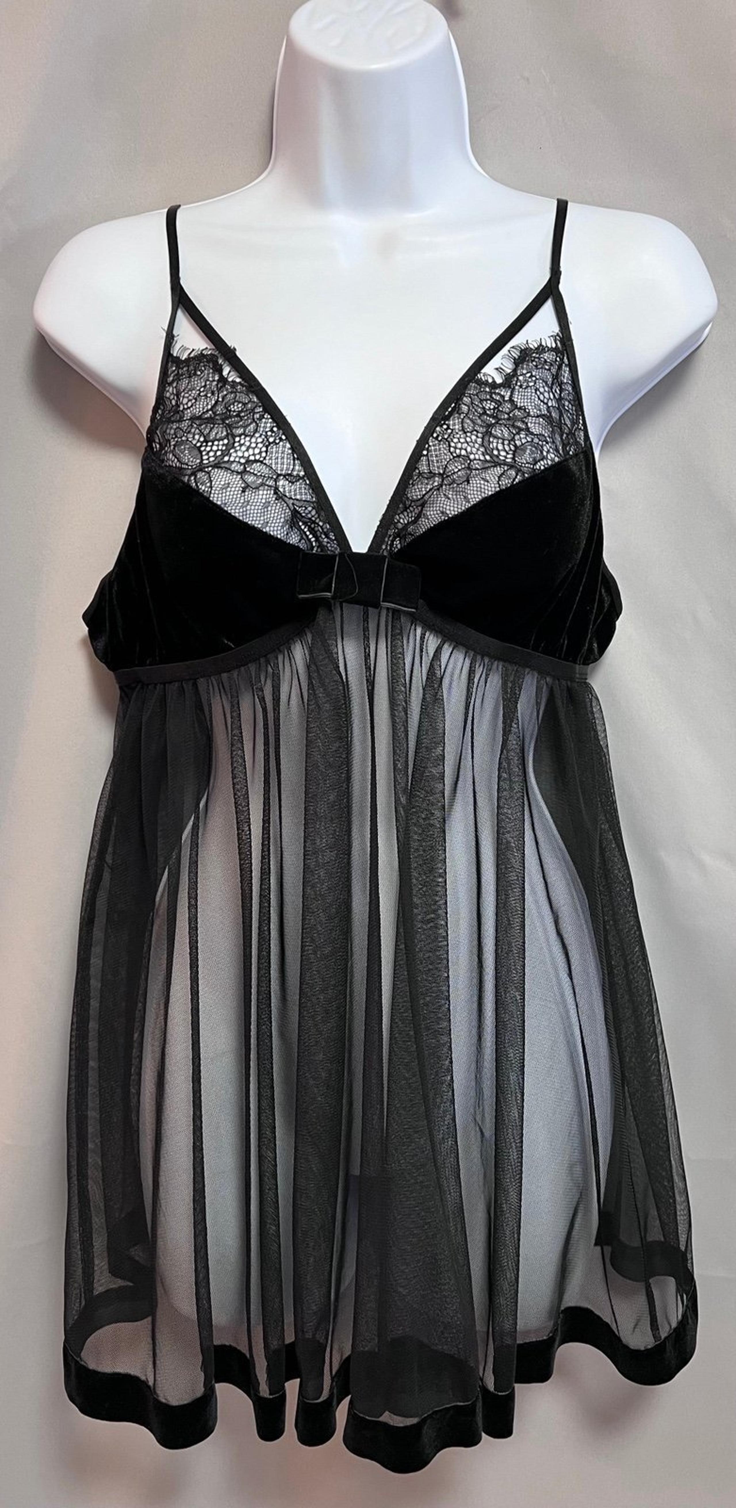 Women’s Adore Me Velvet Black Lace Babydoll Set - Size Large NWOT