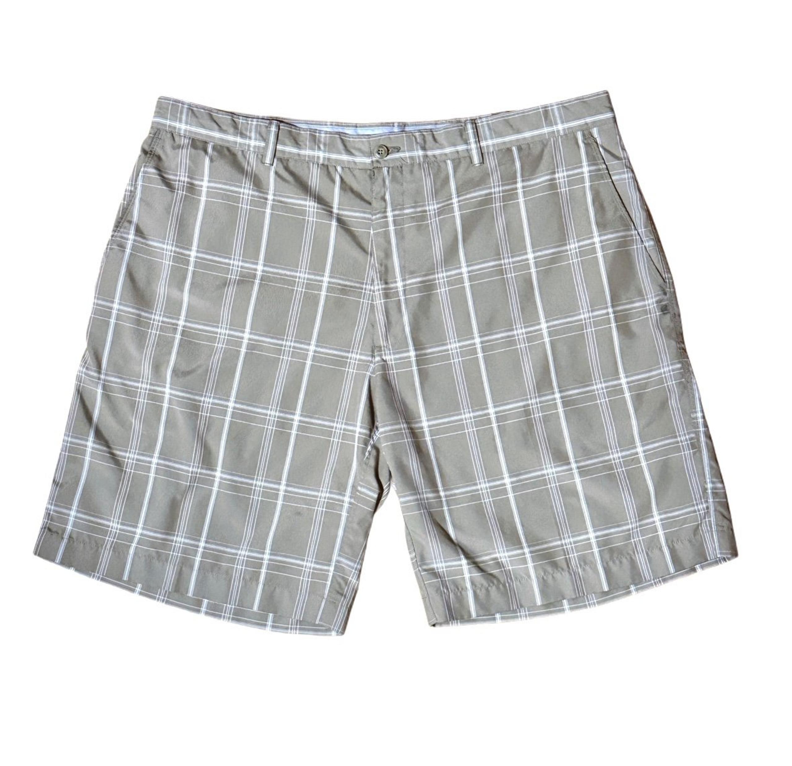 Mens Khaki Tan & White Plaid Striped Button Zip Up Summer Chino Shorts Sz 40