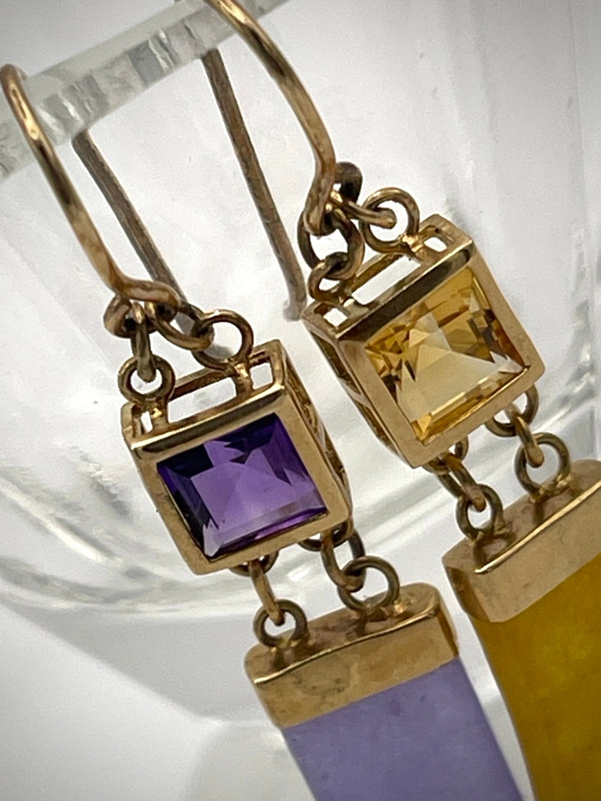 14K Custom Jade, Citrine, and Amethyst Earrings