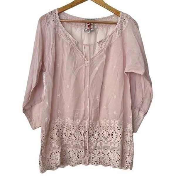 Johnny Was Pink Tunic Semi Sheer Rayon Floral Embroidered Eyelet Tie Front Small