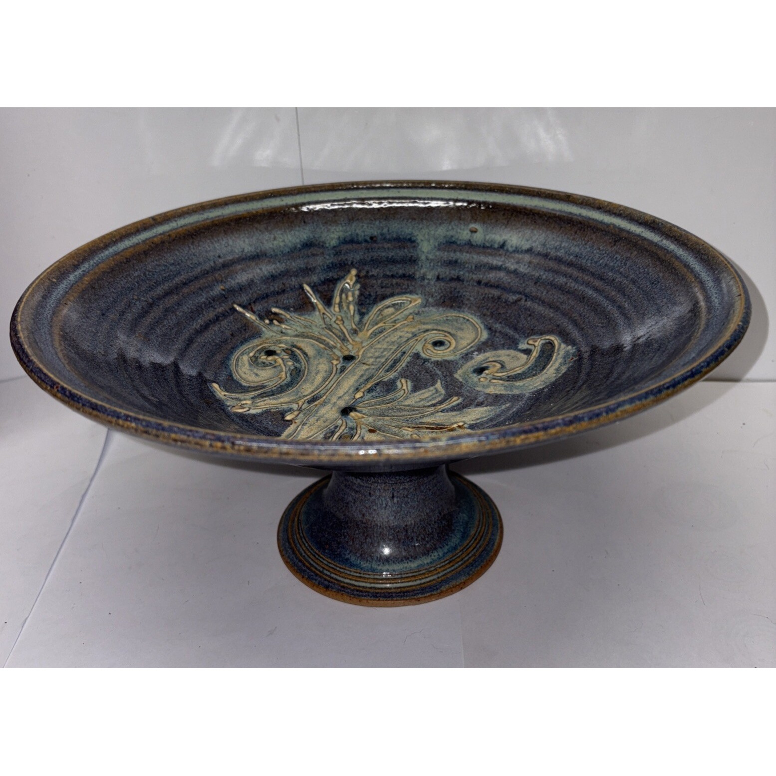 Vintage Stoneware Salt Glaze Pottery Pedestal Bowl
