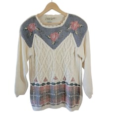 VTG Knitted By Hand Multicolored Chunky Cable Knit Sweater Sz M Cottagecore