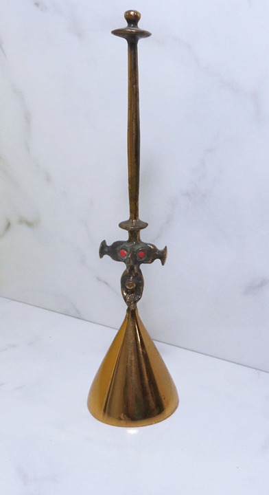 Brutalist Lajos Muharos Hungarian Figural Brass & Enamel Table Bell 1940's