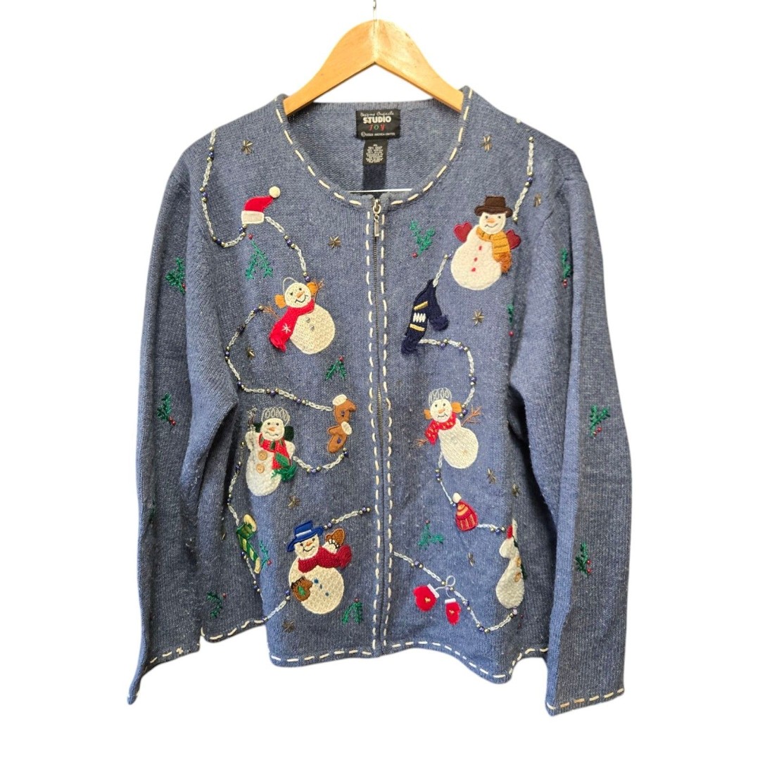 Designers Originals Studio Cardigan Christmas Party Snowman Blue XL