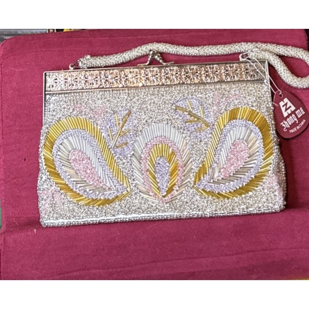 Peacock Feather Hand Beaded Evening Bag Pink Silver Gold Vintage Inspired NWT
