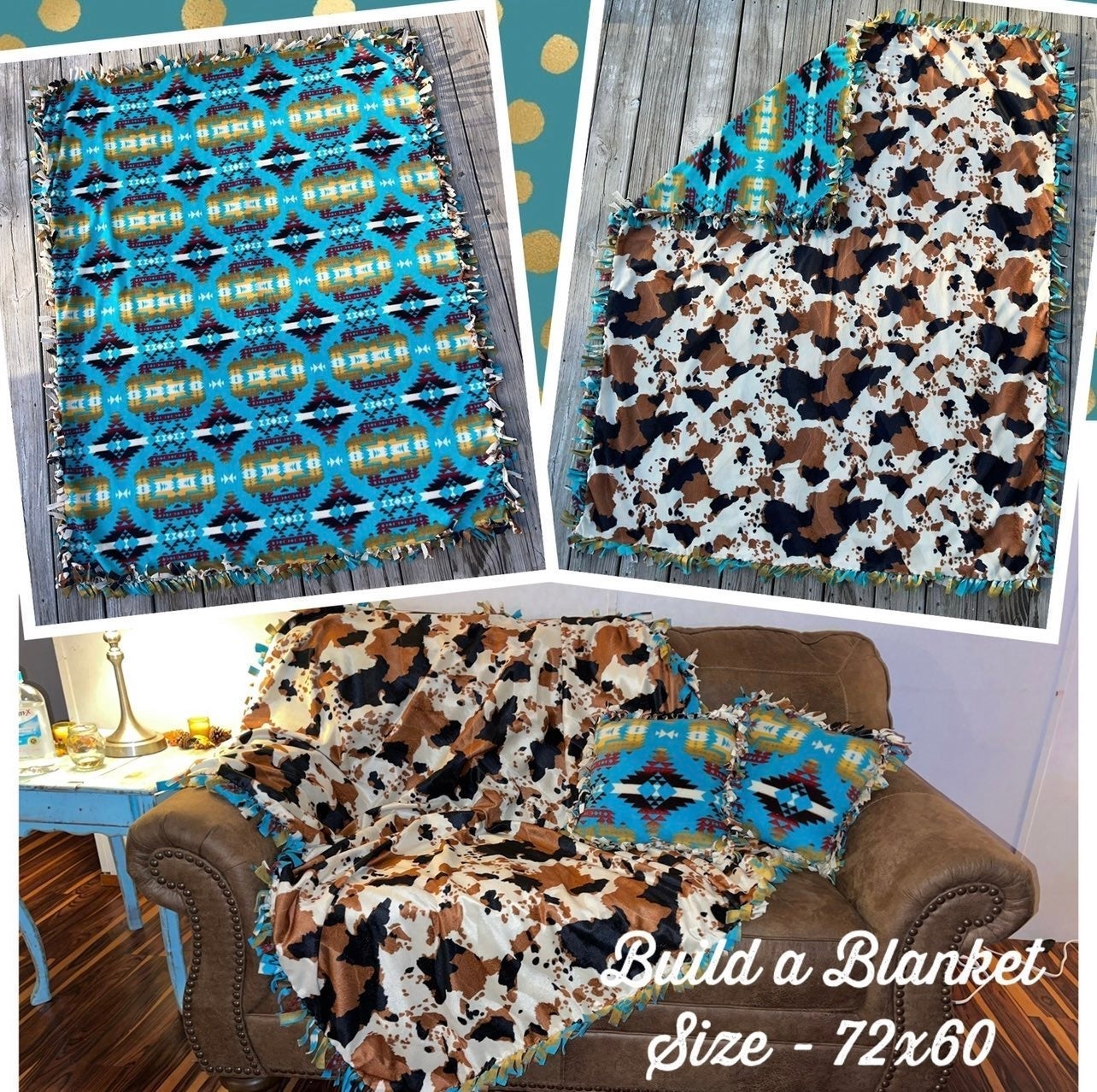 Teal Aztec Fleece / Black & Brown Cow Hide Faux Fur Blanket w/ 2 matching pillow