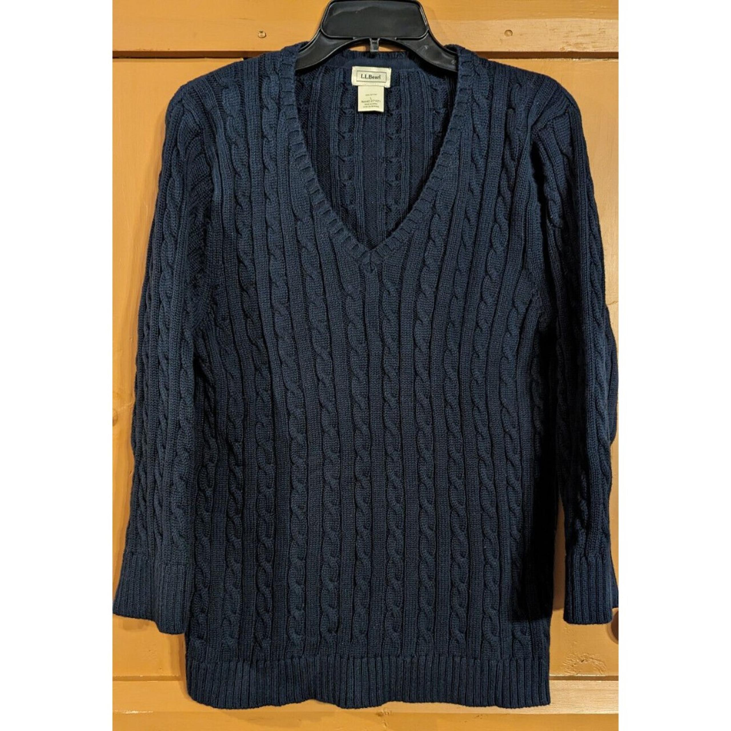 LL Bean Cable Knit V-Neck Pullover Sweater Women L 3/4 Sleeve Dark Blue, Black
