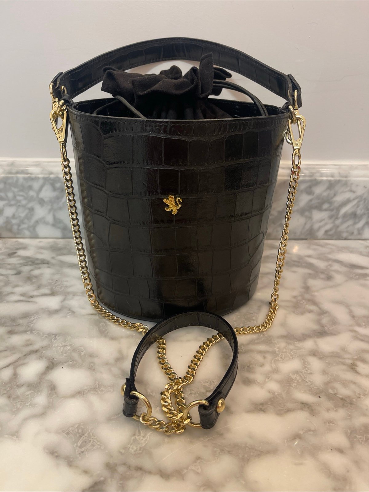 Pratesi Firenze Crocodile Embossed Black Leather Bucket Purse Handbag Crossbody