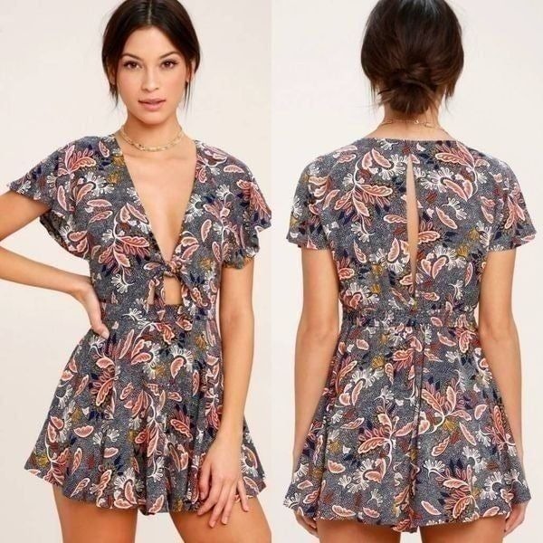 Lulus Dondi Navy Blue Print Romper S, NWT P50