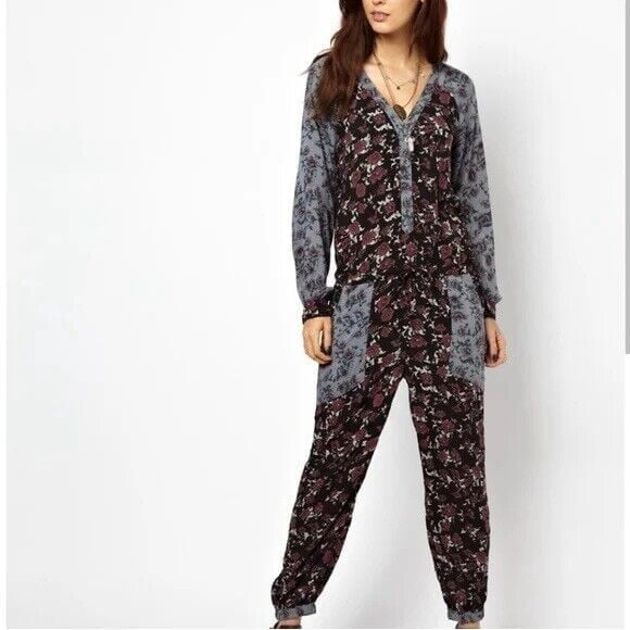 FREE PEOPLE Romper SHEILA Women's SP Floral Jumpsuit 1pc Black Purple Boho