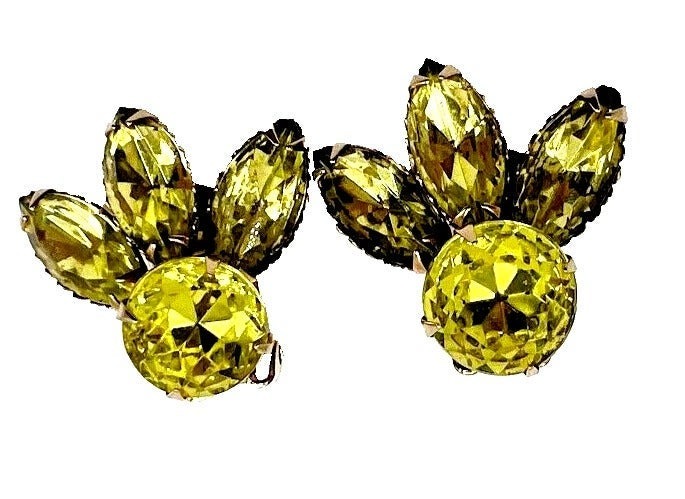 Vintage 40s/50 Silvertone Yellow Faceted Glass Dangle Clip On Earrings