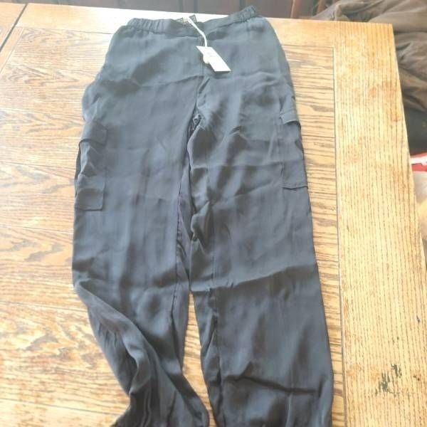 NWT JOHNNY WAS Black Khay Viscose Jogger Pants Satin Cargo Pockets sz XS