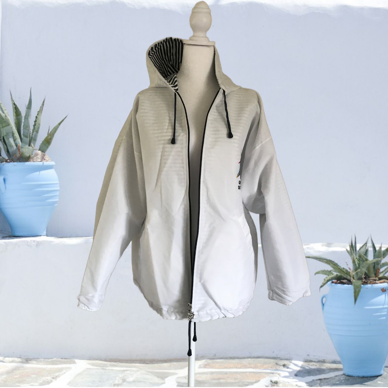 Men's Greek Island White Jacket Hooded Nautical Sail Windbreaker Size Mediun