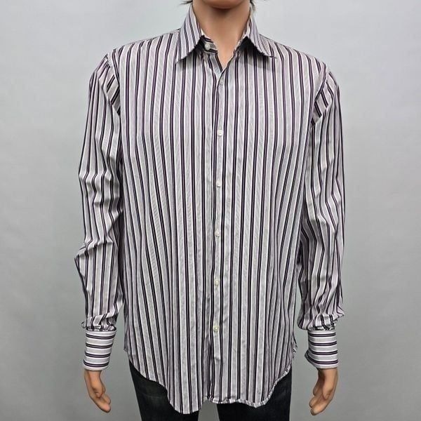 Hugo Boss French Cuff Lawrence Dress Shirt Men 17.5 36/37 Purple White Striped